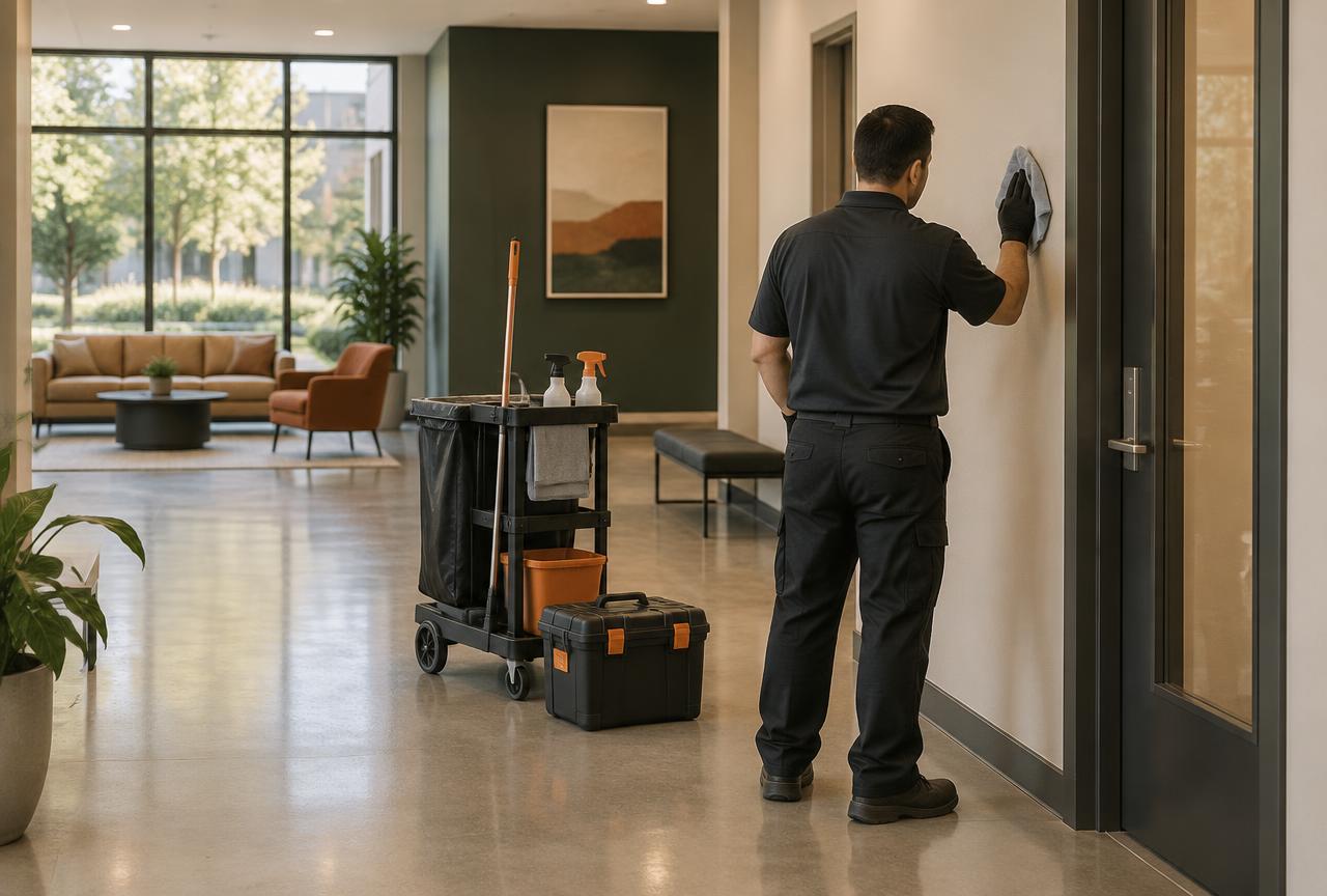 Maintenance worker caring for a commercial office building interior