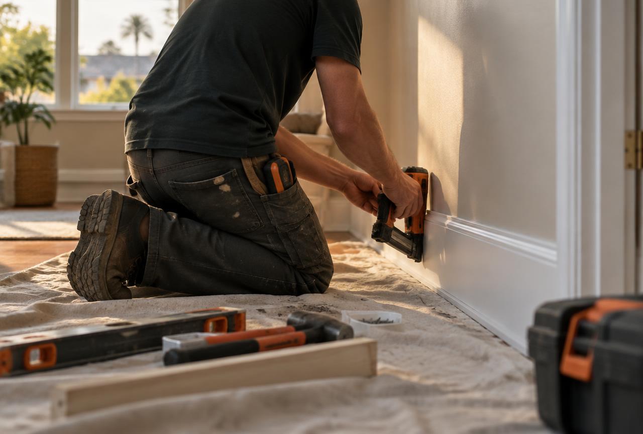 Trade worker completing trim and finish work inside a home